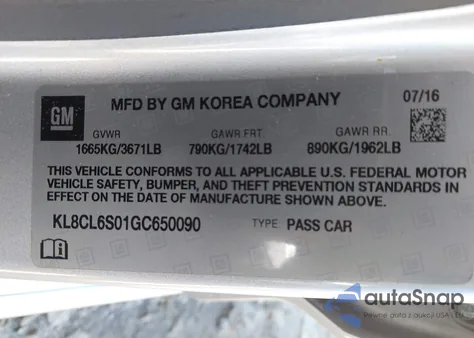 2016 Chevrolet Spark Ev 2Lt z USA, uszkodzony, nr VIN KL8CL6S01GC650090